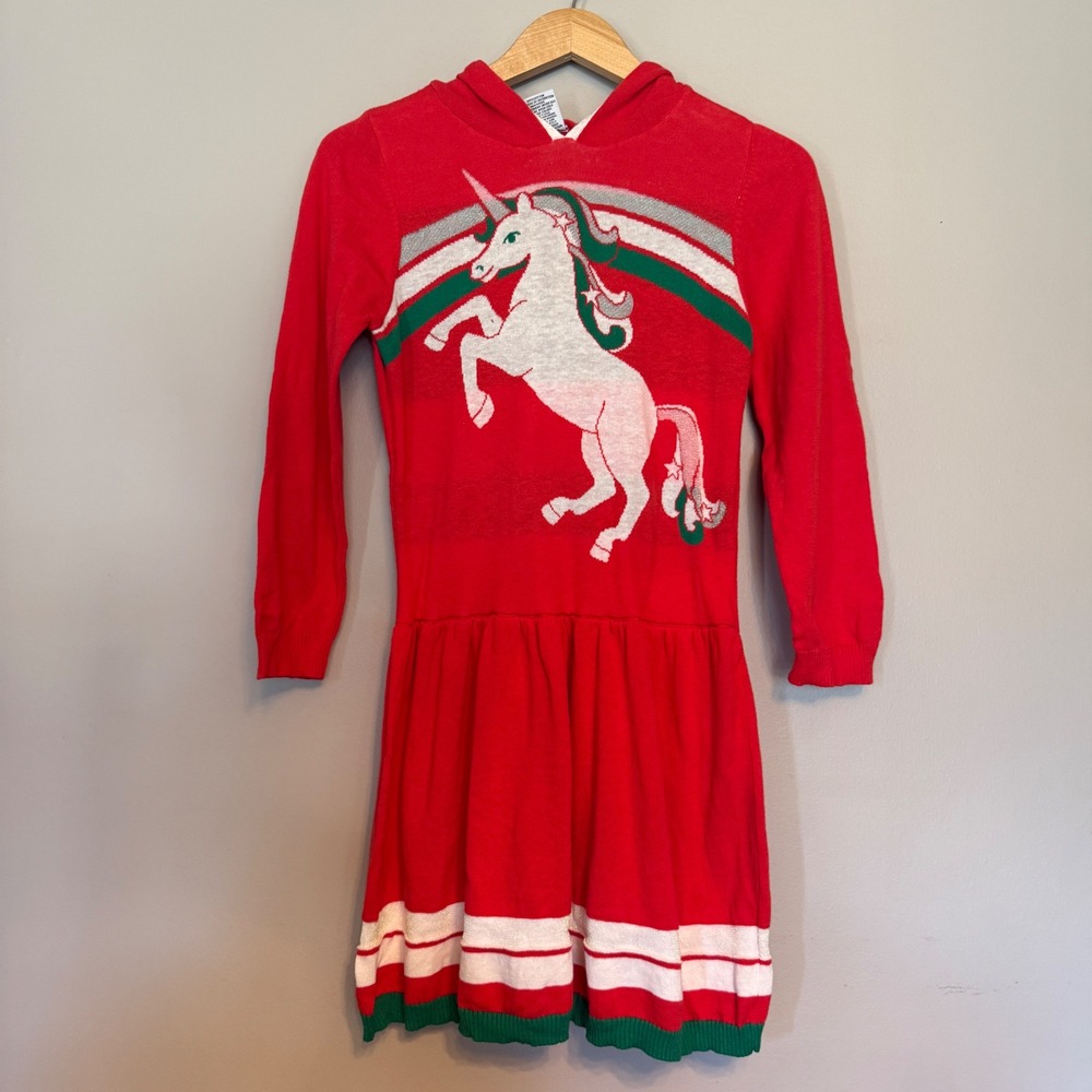 Well Worn Holiday Sweater Dress Girls XL 14-16 Red‎ Unicorn Hooded Christmas